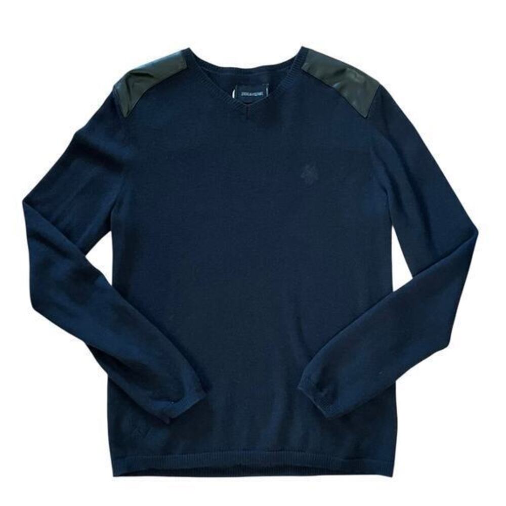 Zadig & Voltaire Peter Patch Navy Blue Wool Cashmere Leather Wolf V-Neck Sweater
